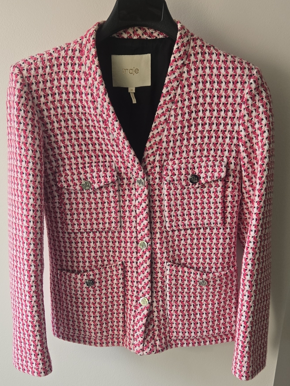 Maje Pink & White Tweed V-Neck Button Jacket